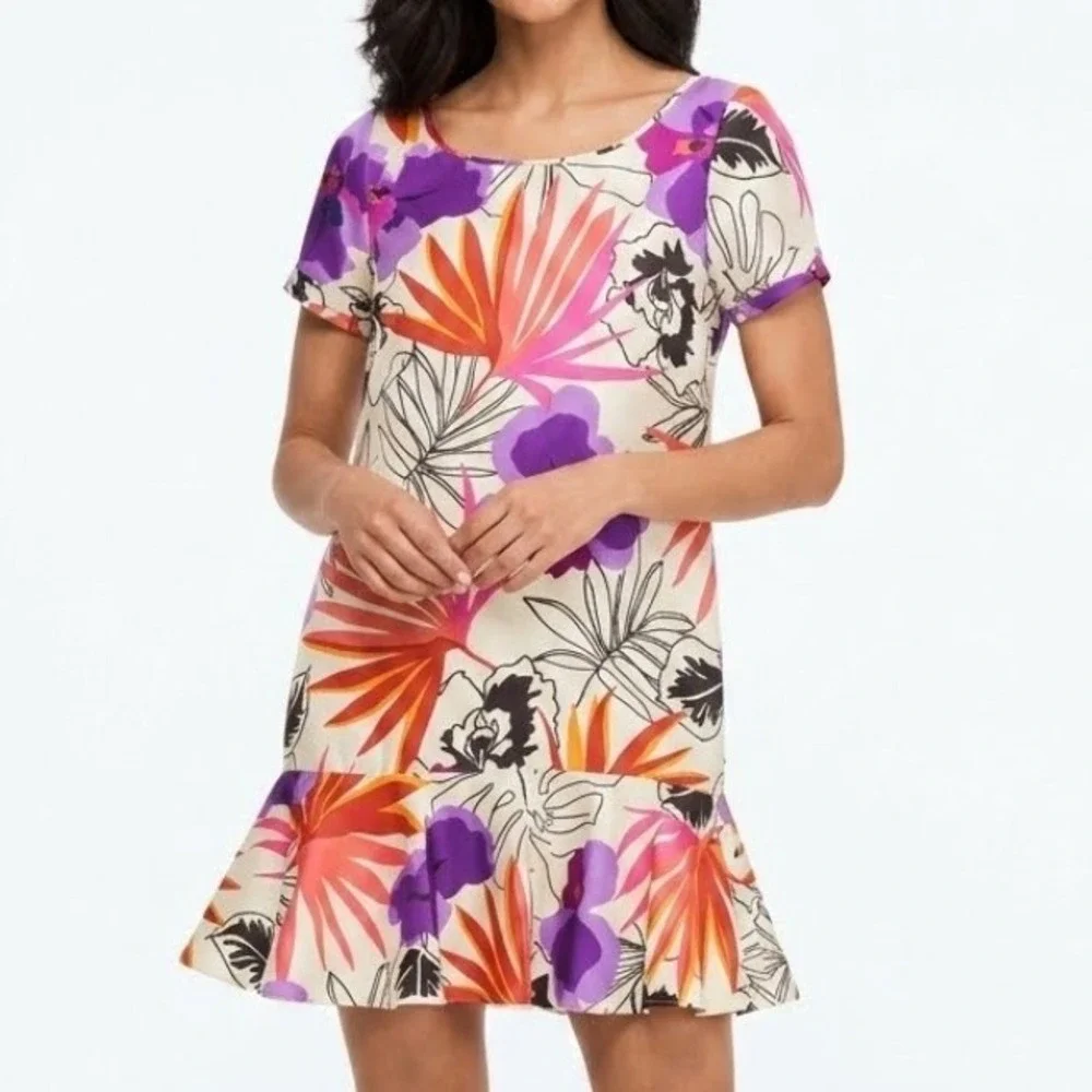 Kate Spade Eliana Silk Tropical Orchid Drop Waist Ruffle Hem‎ Shift Dress Floral